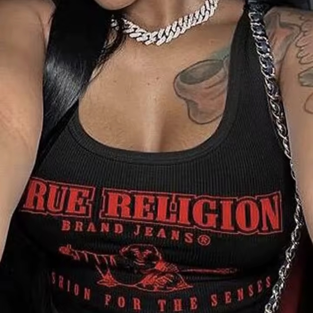 True Religion Women's Black and Red Graphic Tank Top